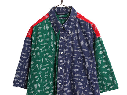 90s ノーティカ 総柄 半袖 ボタンダウン シャツ メンズ XL / オールド 半袖シャツ コットン クレイジー パターン カジュアル 大きいサイズ