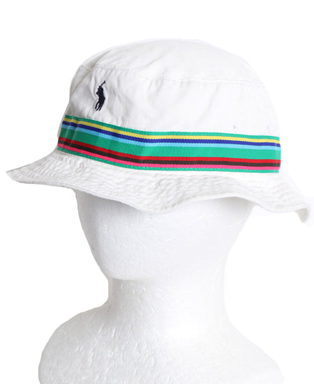 00s ポロ ラルフローレン コットン バケット ハット メンズ レディース L XL オールド サファリハット バケハ ワンポイント ライン入り 白