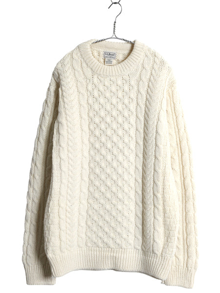 アイルランド製 エルエルビーン フィッシャーマン ウール ニット セーター メンズ М / オールド アラン ケーブル ローゲージ ナチュラル