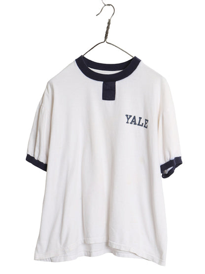 90s USA製 YALE カレッジ プリント チョコチン リンガー Tシャツ メンズ レディース L オールド イエール カットソー シングルステッチ 白