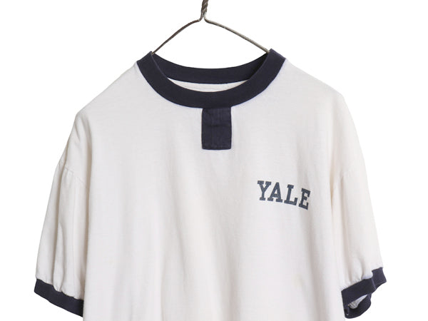 90s USA製 YALE カレッジ プリント チョコチン リンガー Tシャツ メンズ レディース L オールド イエール カットソー シングルステッチ 白