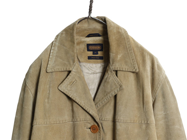 USA製 コーチ 本革 スウェード レザー ハーフ コート レディース XS 大きめ M 古着 革ジャン ジャケット ステンカラー ベージュ ボックス