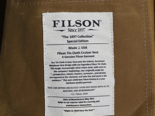 USA製 ★ フィルソン ティン クロス クルーザー ベスト メンズ L 程/ 古着 2012 限定モデル オイルド コットン ワーク アウトドア 茶 無地
