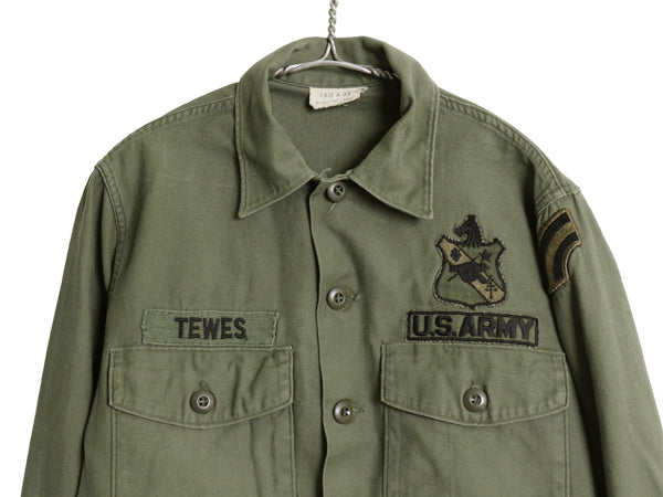 70s 米軍実物 US ARMY コットン サテン ユーティリティ シャツ M 古着 ヴィンテージ 71年製 OG107 シャツ袖 3rd ミリタリー 軍物 ワッペン