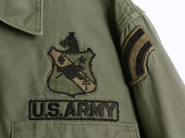 70s 米軍実物 US ARMY コットン サテン ユーティリティ シャツ M 古着 ヴィンテージ 71年製 OG107 シャツ袖 3rd ミリタリー 軍物 ワッペン