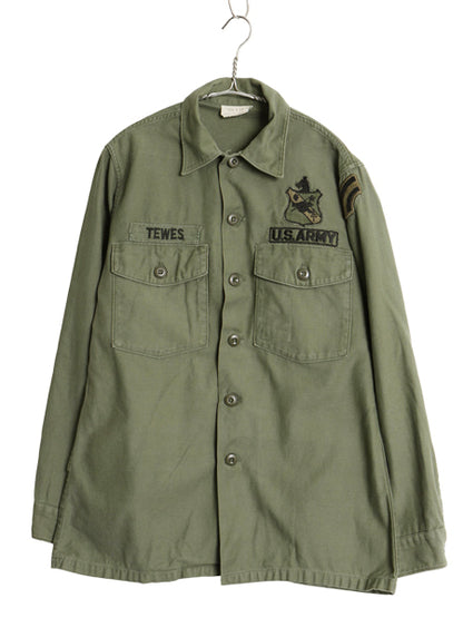 70s 米軍実物 US ARMY コットン サテン ユーティリティ シャツ M 古着 ヴィンテージ 71年製 OG107 シャツ袖 3rd ミリタリー 軍物 ワッペン