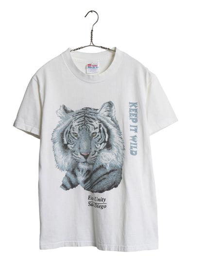 00s ホワイトタイガー イラスト プリント 半袖 Tシャツ メンズ レディース S / オールド アニマル アート キャラクター ヘビーウェイト 白