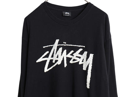 ステューシー ストック ロゴ プリント 長袖 Tシャツ メンズ L 古着 ヘビーウェイト コットン カットソー クルーネック スケート サーフ 黒
