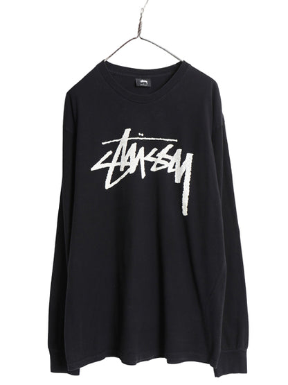 ステューシー ストック ロゴ プリント 長袖 Tシャツ メンズ L 古着 ヘビーウェイト コットン カットソー クルーネック スケート サーフ 黒