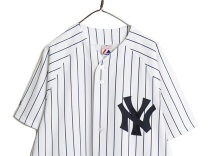 ヤンキース ベースボール シャツ メンズ L 程/ MLB オフィシャル マジェスティック 大リーグ ユニフォーム ゲームシャツ 重ね着 ストライプ