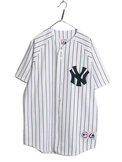 ヤンキース ベースボール シャツ メンズ L 程/ MLB オフィシャル マジェスティック 大リーグ ユニフォーム ゲームシャツ 重ね着 ストライプ