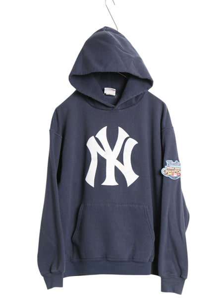 ヤンキース スウェット フード パーカー メンズ M 古着 MLB マジェスティック トレーナー プルオーバー 裏起毛 ロゴ 刺繍 大リーグ 限定 紺