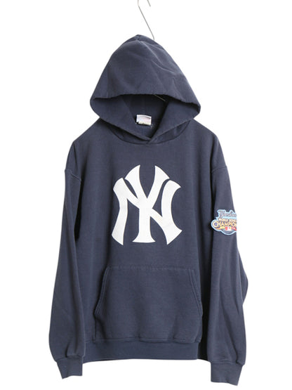 ヤンキース スウェット フード パーカー メンズ M 古着 MLB マジェスティック トレーナー プルオーバー 裏起毛 ロゴ 刺繍 大リーグ 限定 紺