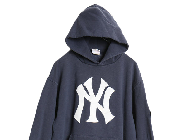 ヤンキース スウェット フード パーカー メンズ M 古着 MLB マジェスティック トレーナー プルオーバー 裏起毛 ロゴ 刺繍 大リーグ 限定 紺