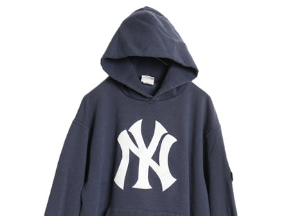 ヤンキース スウェット フード パーカー メンズ M 古着 MLB マジェスティック トレーナー プルオーバー 裏起毛 ロゴ 刺繍 大リーグ 限定 紺