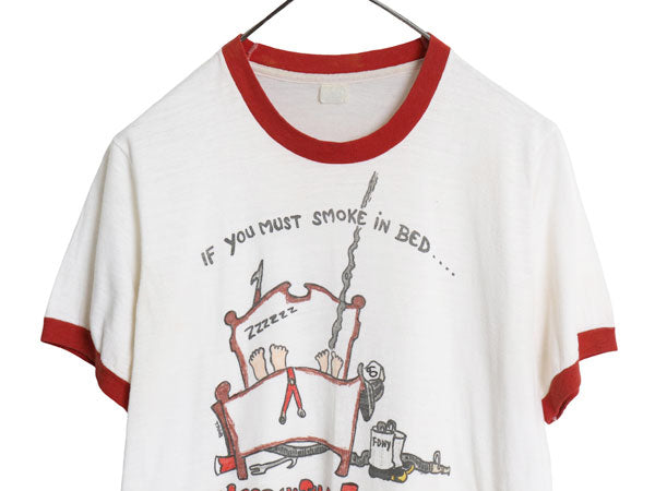 70s USA製 ジョーク イラスト プリント 半袖 リンガー Tシャツ メンズ レディース M 小さめ S ヴィンテージ グラフィック アート ツートン
