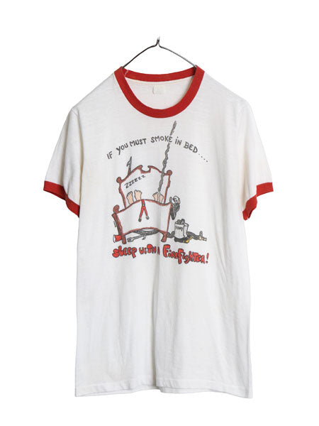 70s USA製 ジョーク イラスト プリント 半袖 リンガー Tシャツ メンズ レディース M 小さめ S ヴィンテージ グラフィック アート ツートン