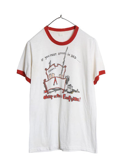 70s USA製 ジョーク イラスト プリント 半袖 リンガー Tシャツ メンズ レディース M 小さめ S ヴィンテージ グラフィック アート ツートン