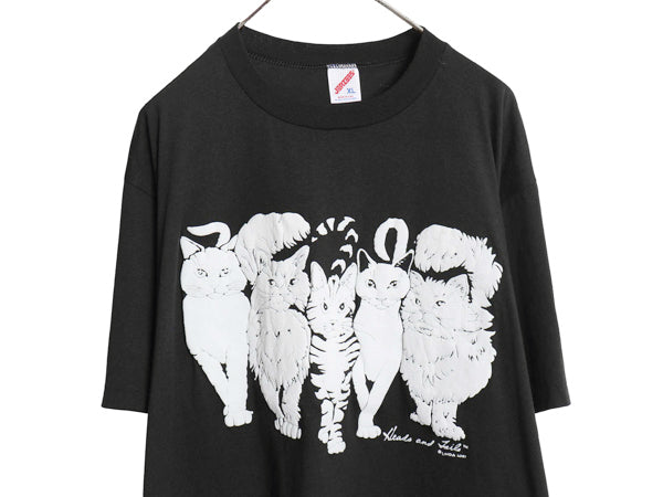 80s USA製 LINDA LORI ネコ 両面 イラスト 発泡 プリント 半袖 Tシャツ メンズ レディース XL 古着 ヴィンテージ アニマル 大きいサイズ 黒