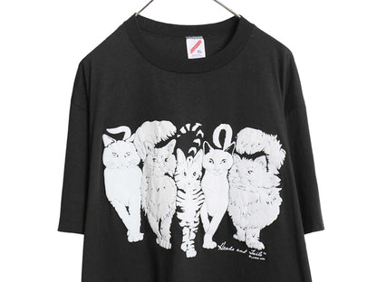 80s USA製 LINDA LORI ネコ 両面 イラスト 発泡 プリント 半袖 Tシャツ メンズ レディース XL 古着 ヴィンテージ アニマル 大きいサイズ 黒
