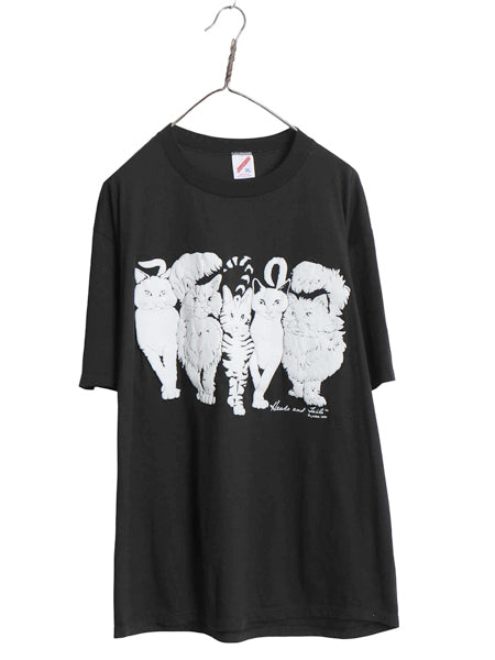 80s USA製 LINDA LORI ネコ 両面 イラスト 発泡 プリント 半袖 Tシャツ メンズ レディース XL 古着 ヴィンテージ アニマル 大きいサイズ 黒