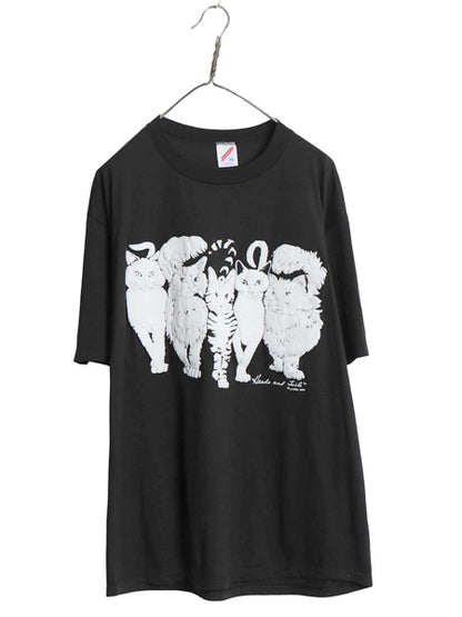 80s USA製 LINDA LORI ネコ 両面 イラスト 発泡 プリント 半袖 Tシャツ メンズ レディース XL 古着 ヴィンテージ アニマル 大きいサイズ 黒