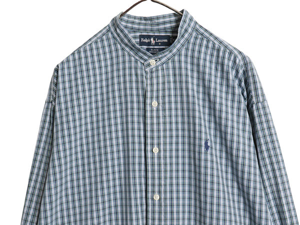 90s ラルフローレン チェック バンドカラー 長袖 シャツ メンズ XL / オールド ポロ オックスフォード コットン ノーカラー 大きいサイズ
