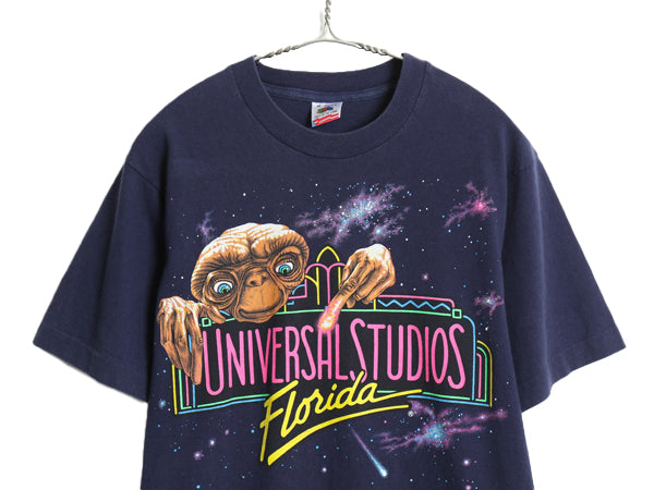 90s ★ ユニバーサルスタジオ E.T. イラスト プリント Tシャツ メンズ M / オールド オフィシャル 当時物 ムービー キャラクター 企業物 紺