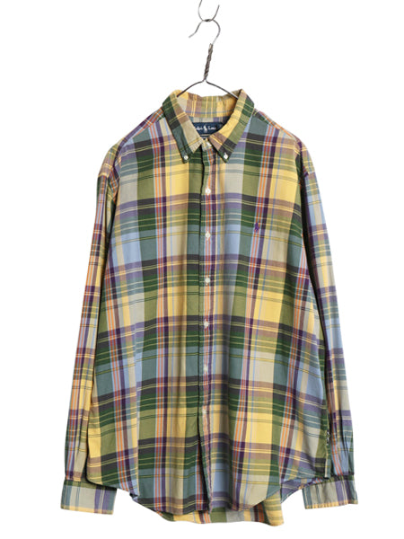 90s ポロ ラルフローレン チェック ボタンダウン シャツ メンズ XL オールド 長袖シャツ ワンポイント コットン マルチカラー 大きいサイズ