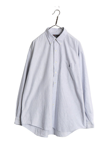 90s BIG SHIRT ラルフローレン ストライプ 長袖 ボタンダウン シャツ メンズ L オールド ポロ オックスフォード ワンポイント ポニー 青 白