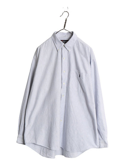 90s BIG SHIRT ラルフローレン ストライプ 長袖 ボタンダウン シャツ メンズ L オールド ポロ オックスフォード ワンポイント ポニー 青 白