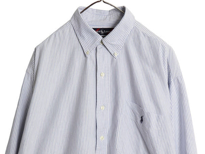 90s BIG SHIRT ラルフローレン ストライプ 長袖 ボタンダウン シャツ メンズ L オールド ポロ オックスフォード ワンポイント ポニー 青 白