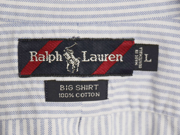 90s BIG SHIRT ラルフローレン ストライプ 長袖 ボタンダウン シャツ メンズ L オールド ポロ オックスフォード ワンポイント ポニー 青 白