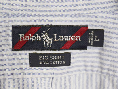 90s BIG SHIRT ラルフローレン ストライプ 長袖 ボタンダウン シャツ メンズ L オールド ポロ オックスフォード ワンポイント ポニー 青 白
