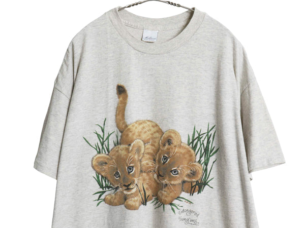 90s USA製 ライオン イラスト プリント 半袖 Tシャツ メンズ レディース XXL 程 オールド アニマル アート キャラクター 大きいサイズ 灰