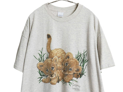 90s USA製 ライオン イラスト プリント 半袖 Tシャツ メンズ レディース XXL 程 オールド アニマル アート キャラクター 大きいサイズ 灰