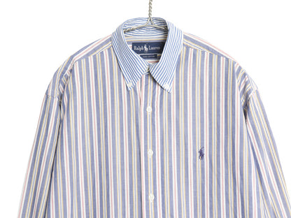 90s ラルフローレン ストライプ 長袖 ボタンダウン シャツ メンズ S / オールド ポロ コットン オックスフォード 長袖シャツ ワンポイント 