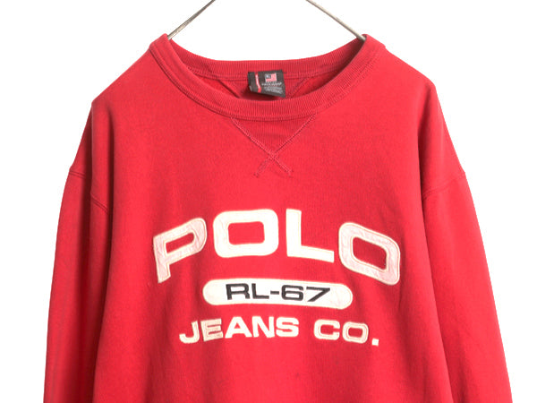 ポロジーンズ ラルフローレン ロゴ 刺繍 両V スウェット メンズ XL / 古着 ポロ トレーナー 裏起毛 クルーネック 大きいサイズ レッド 薄手