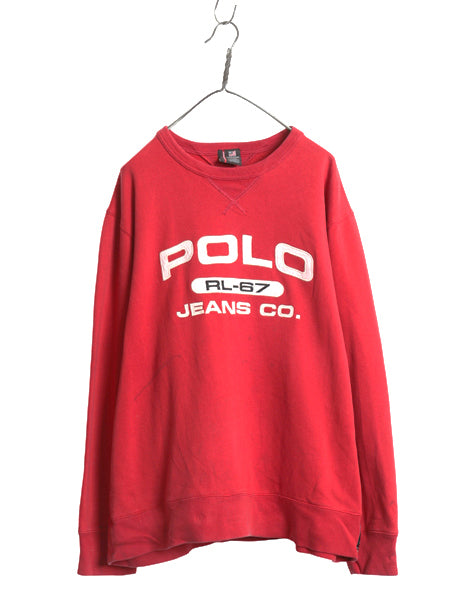 ポロジーンズ ラルフローレン ロゴ 刺繍 両V スウェット メンズ XL / 古着 ポロ トレーナー 裏起毛 クルーネック 大きいサイズ レッド 薄手