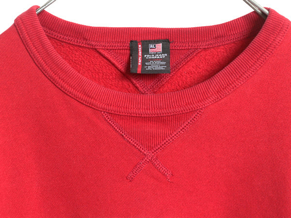 ポロジーンズ ラルフローレン ロゴ 刺繍 両V スウェット メンズ XL / 古着 ポロ トレーナー 裏起毛 クルーネック 大きいサイズ レッド 薄手
