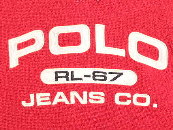 ポロジーンズ ラルフローレン ロゴ 刺繍 両V スウェット メンズ XL / 古着 ポロ トレーナー 裏起毛 クルーネック 大きいサイズ レッド 薄手