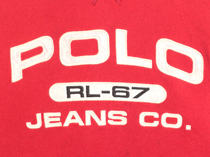 ポロジーンズ ラルフローレン ロゴ 刺繍 両V スウェット メンズ XL / 古着 ポロ トレーナー 裏起毛 クルーネック 大きいサイズ レッド 薄手