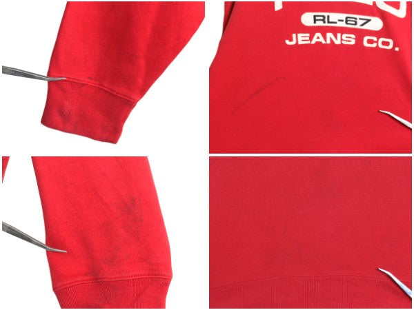 ポロジーンズ ラルフローレン ロゴ 刺繍 両V スウェット メンズ XL / 古着 ポロ トレーナー 裏起毛 クルーネック 大きいサイズ レッド 薄手