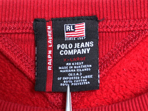 ポロジーンズ ラルフローレン ロゴ 刺繍 両V スウェット メンズ XL / 古着 ポロ トレーナー 裏起毛 クルーネック 大きいサイズ レッド 薄手