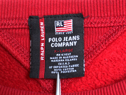 ポロジーンズ ラルフローレン ロゴ 刺繍 両V スウェット メンズ XL / 古着 ポロ トレーナー 裏起毛 クルーネック 大きいサイズ レッド 薄手