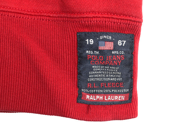 ポロジーンズ ラルフローレン ロゴ 刺繍 両V スウェット メンズ XL / 古着 ポロ トレーナー 裏起毛 クルーネック 大きいサイズ レッド 薄手