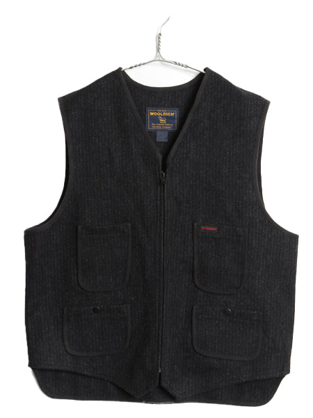 00s ウールリッチ ウール ベスト メンズ L 程/ オールド ストライプ シンチバック フルジップ 前開き 重ね着 ブラウンズビーチ タイプ 黒