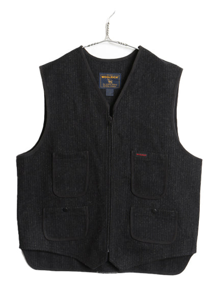 00s ウールリッチ ウール ベスト メンズ L 程/ オールド ストライプ シンチバック フルジップ 前開き 重ね着 ブラウンズビーチ タイプ 黒