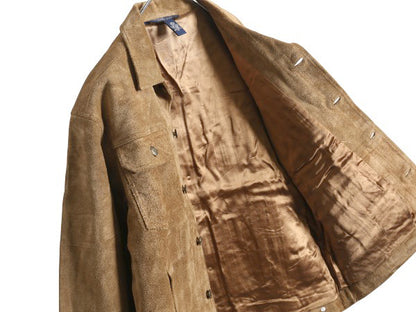 90s ポロ ラルフローレン 本革 スウェード レザー トラッカー ジャケット ボーイズ L メンズ M 革ジャン ブルゾン ジャンパー 4ポケット 茶