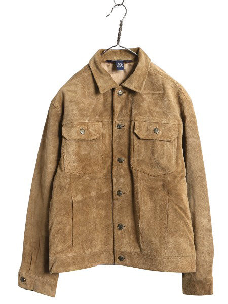 90s ポロ ラルフローレン 本革 スウェード レザー トラッカー ジャケット ボーイズ L メンズ M 革ジャン ブルゾン ジャンパー 4ポケット 茶